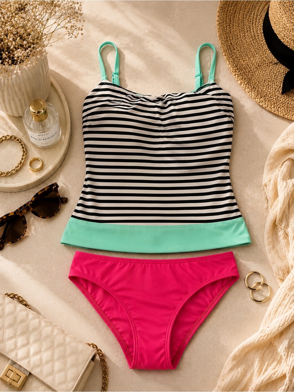 Striped Black & White Tankini with Mint Trim and Fuchsia Bikini Bottom